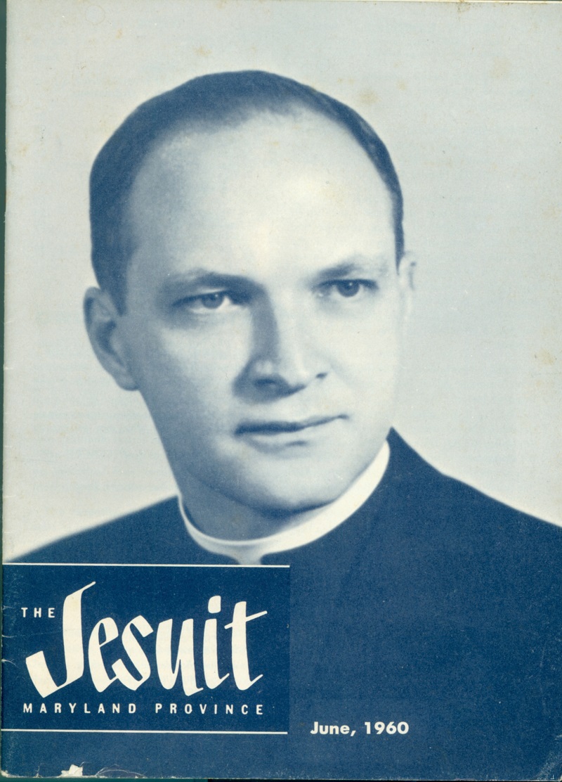 black and white photo of Fr. Frank Haig on cover of Jesuits magazine